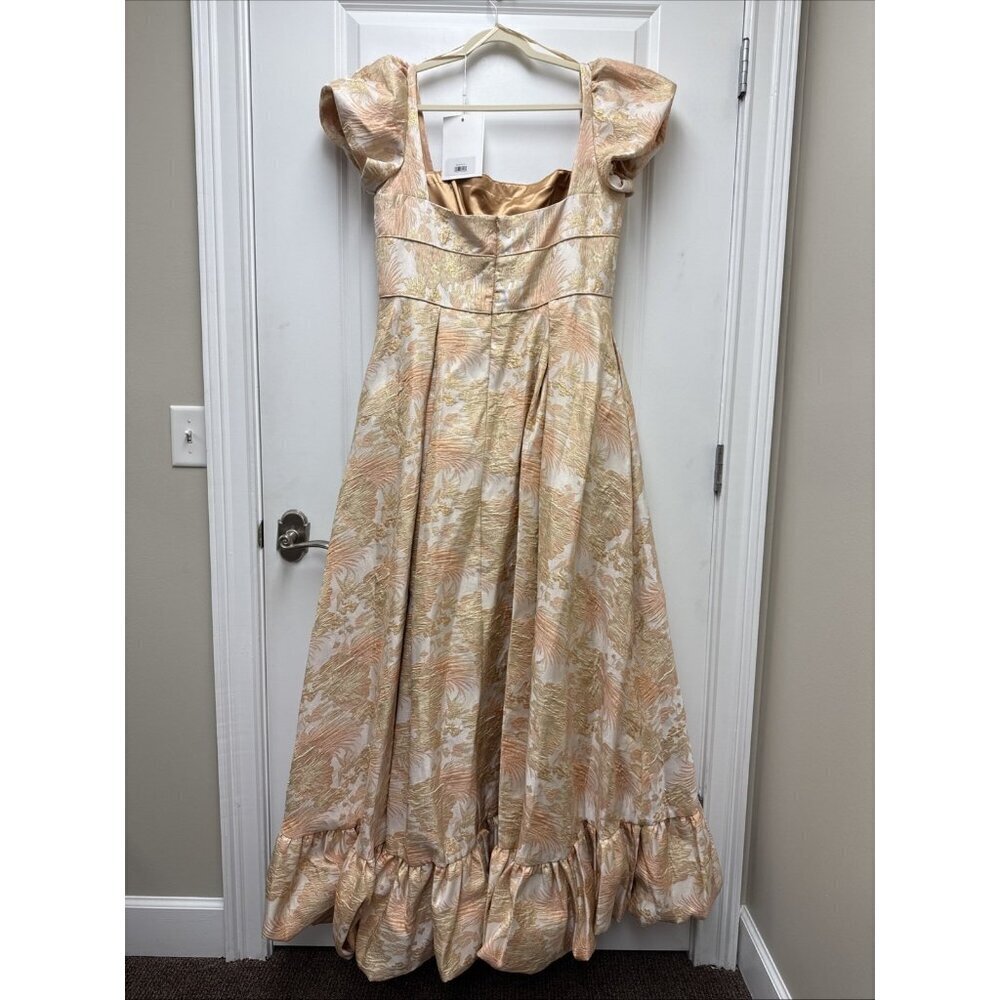 MAC DUGGAL Size 14 Peach Floral Brocade 68276 Puff Sleeve High Low Gown Dress - Picture 7 of 10